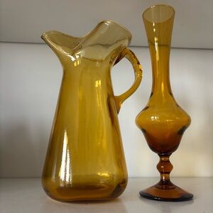 Vintage Amber Blenko Glass ? Carafe Pitcher & Bud Vase